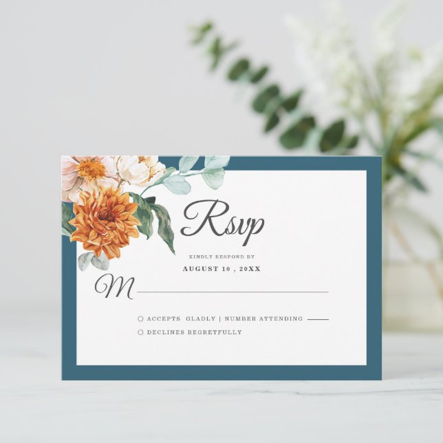 Rustikale Aquamarine blaue Burnt Orange Hochzeit i RSVP Karte (Stehend Vorderseite)