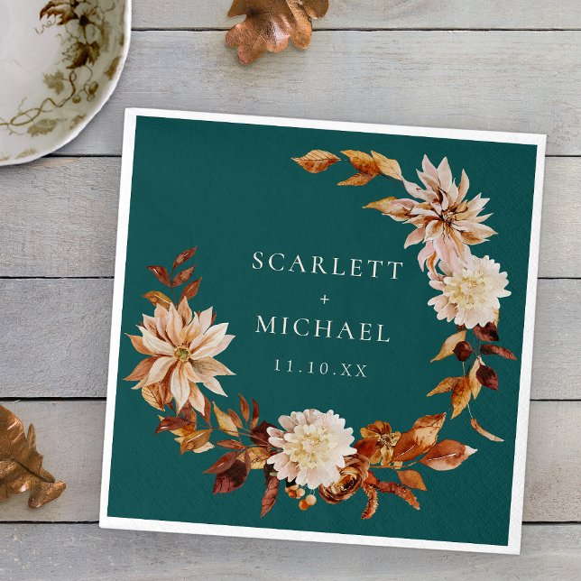 Rustikale Aquamarine Blüte Serviette (Rustic Terracotta Leaves Floral Wreath Teal Napkins by Painted Paperie)