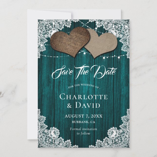 Rustikale Aquamarine Burlap Lace Wedding speichert Save The Date (Vorderseite)