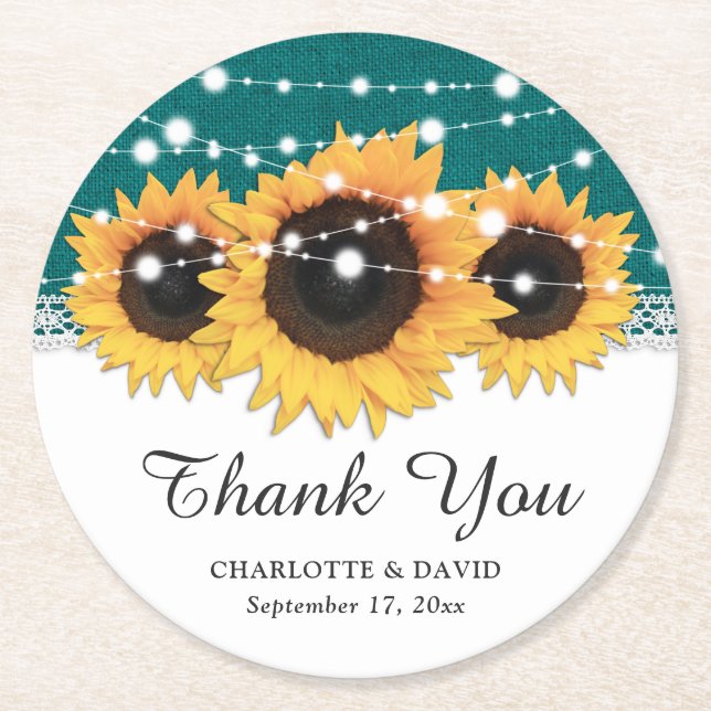 Rustikale Aquamarine Burlap Sonnenblumenhochzeit Runder Pappuntersetzer (Vorderseite)