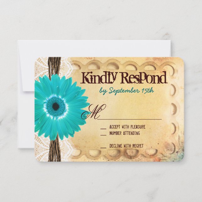 Rustikale Aquamarine Daisy Typografy Wedding RSVP  (Vorderseite)