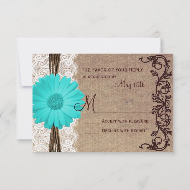 Rustikale Aquamarine Gerber Daisy Lace Wedding RSV RSVP Karte (Vorderseite)