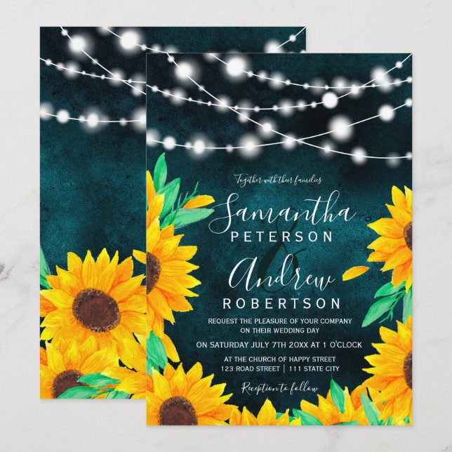 Rustikale aquamarine grüne Saitenleuchten Sonnenbl Einladung (Vorne/Hinten)