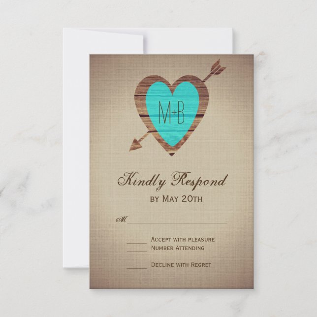 Rustikale Aquamarine Heart Arrow Wedding RSVP Card (Vorderseite)