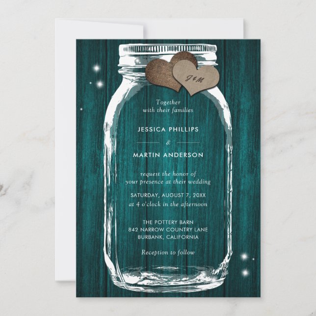 Rustikale Aquamarine Holz Mason Jar Hochzeitseinla Einladung (Vorderseite)