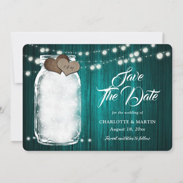 Rustikale Aquamarine Mason Jar Holzwinger Hochzeit Save The Date (Vorderseite)