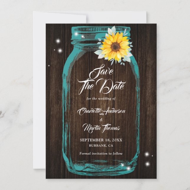Rustikale Aquamarine Mason Jar Wood Sunflower Wedd Save The Date (Vorderseite)