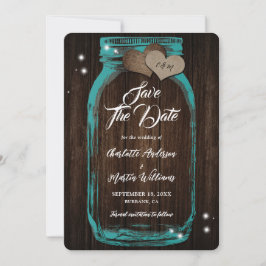 Rustikale Aquamarine Mason Jar Wood Wedding Save The Date