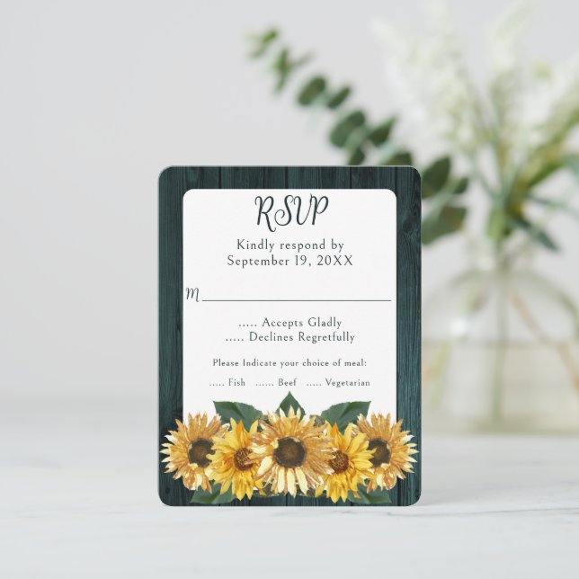 Rustikale Aquamarine Sonnenblumen-Hochzeitkarte RS RSVP Karte (Stehend Vorderseite)