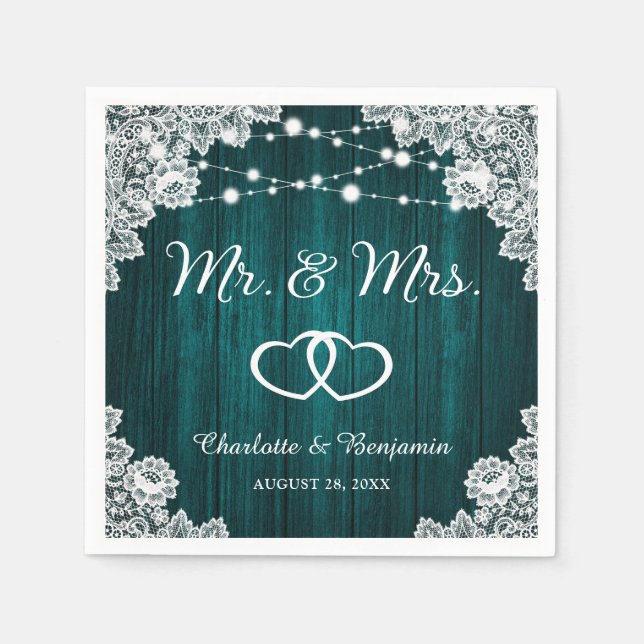 Rustikale Aquamarine Wod Lace String Lights Weddin Serviette (Vorderseite)