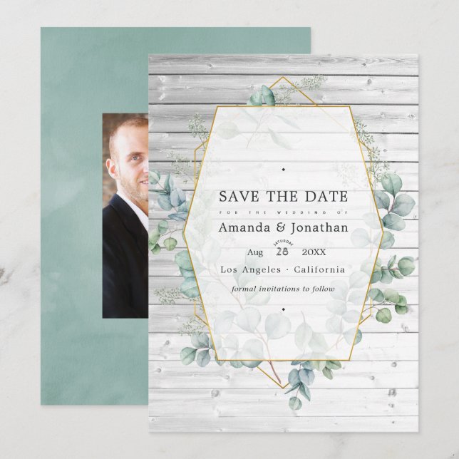 Rustikale Aquarell-Eukalyptus-Geometrie-Hochzeit Save The Date (Vorne/Hinten)