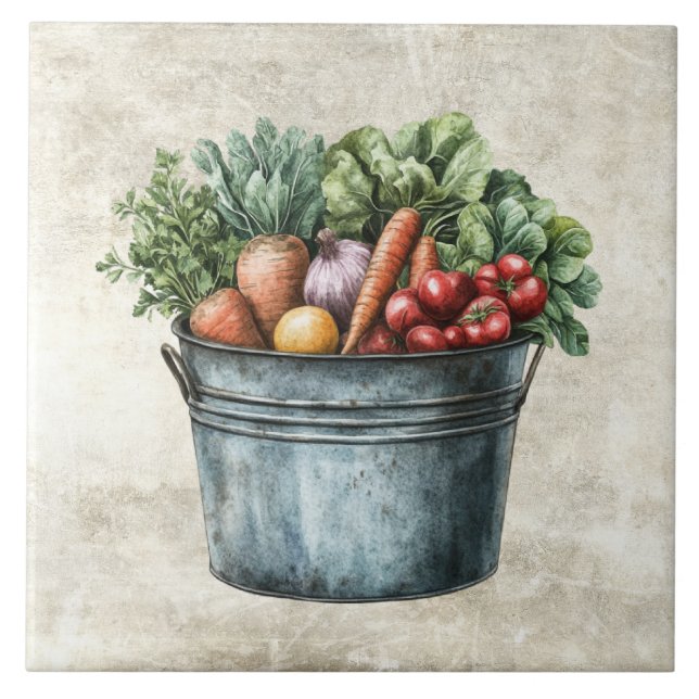 Rustikale Aquarell-Gemüse im Eimer  Fliese (Vorderseite)