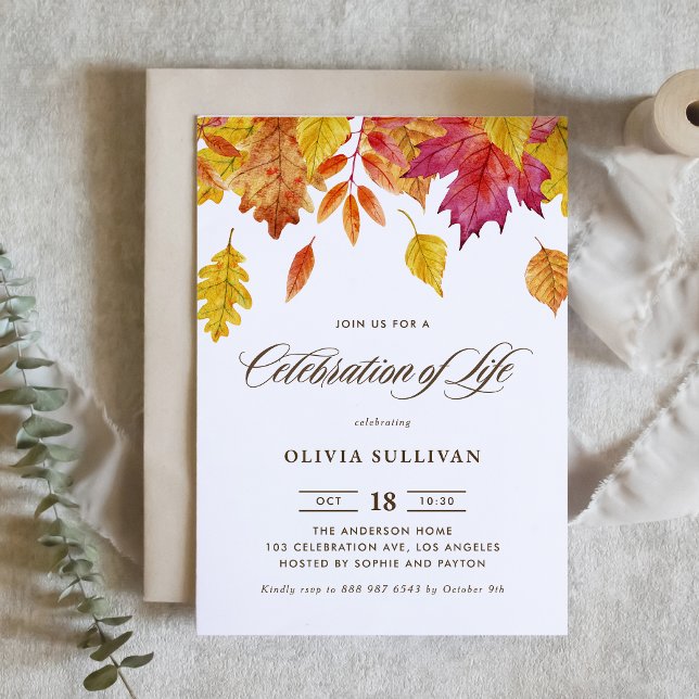 Rustikale Aquarell-Herbstblätter-Feier des Lebens Einladung ( Autumn Watercolor Leaves Celebration of Life Invitation with Matching Back Pattern)