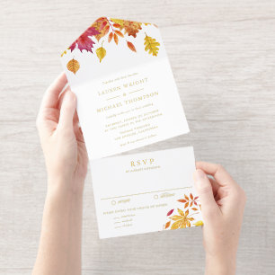 Rustikale Aquarell-Herbsthochzeit mit fallenden Bl All-in-One-Einladung