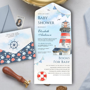 Rustikale Aquarell-Leuchtturm-Nautische Babyparty All In One Einladung