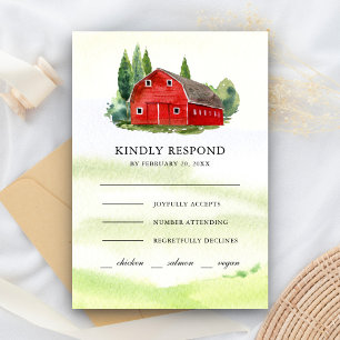 Rustikale Aquarell-Rote-Scheune-Landhochzeit RSVP Karte