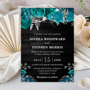 Rustikale Aquarell Teal und Silber Blumen Hochzeit Einladung