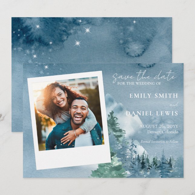 Rustikale Aquarellbäume und Gebirge Dusky Blau Save The Date (Vorne/Hinten)
