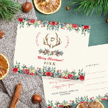 Rustikale Aquarellfamilie Monografie Weihnachten Postkarte<br><div class="desc">Rustikale,  elegante Hirschgeweihe und Aquarellfarben,  saisonale mit Monogramm Familie personalisierte Weihnachtsfeiertagskarte mit vollständig bearbeitbarem Text mit Korallenrot,  Elfenbeincreme,  Bordeaux und grünen Blumenrahmen mit saisonalen Winter-Blume,  Kiefernzapfen,  Tannenzweige,  Heilige Beeren und Blätter über einen schlichten Elfenbeinhintergrund.              Einfach mit Familienname,  Initial,  Text,  Absenderadresse und Jahr anpassen!</div>