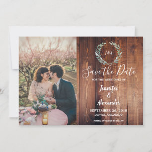 Rustikale Aquarellfarben Blätter aus Holz Monogram Save The Date