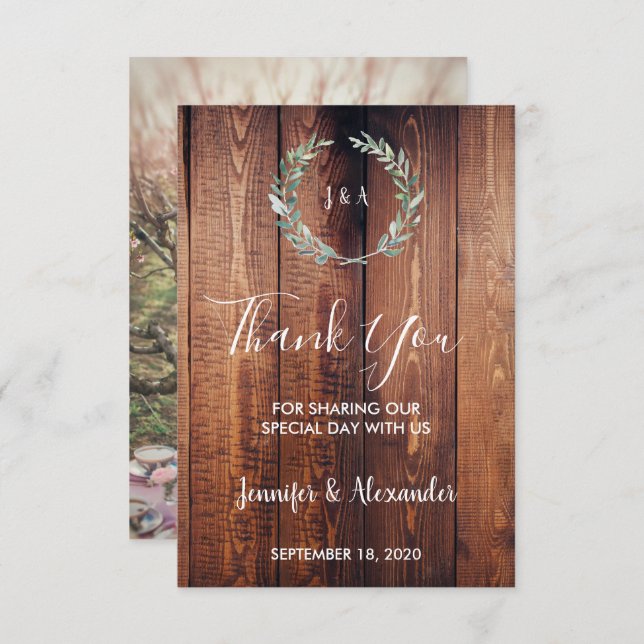 Rustikale Aquarellfarben Blätter Danke Foto Hochze Einladung (Vorne/Hinten)