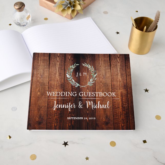 Rustikale Aquarellfarben Blätter dunkles Stallholz Gästebuch (Vorderseite Offen)