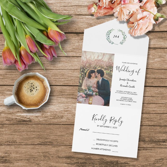 Rustikale Aquarellfarben Blätter Monogramm Foto Ho All In One Einladung (Rustic watercolor leaves monogram photo Wedding All In One Invitation. Invitation and RSVP in one.)