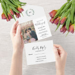 Rustikale Aquarellfarben Blätter Monogramm Foto Ho All In One Einladung<br><div class="desc">Elegante mit Monogramm Wasserfarben botanische Foto Hochzeitseinladung und RSVP Karte in einem. Für Frühling,  Sommer,  Herbst oder Winterhochzeit. Sie können ganz einfach Ihr eigenes Foto hinzufügen,  um es zu personalisieren und Ihren eigenen Text hinzuzufügen.</div>