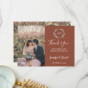 Rustikale Aquarellfarben Blätter Monogramm Foto Ho Dankeskarte