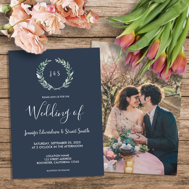 Rustikale Aquarellfarben Blätter Monogramm Foto Ho Einladung (Rustic watercolor leaves monogram photo country Wedding Invitation.)