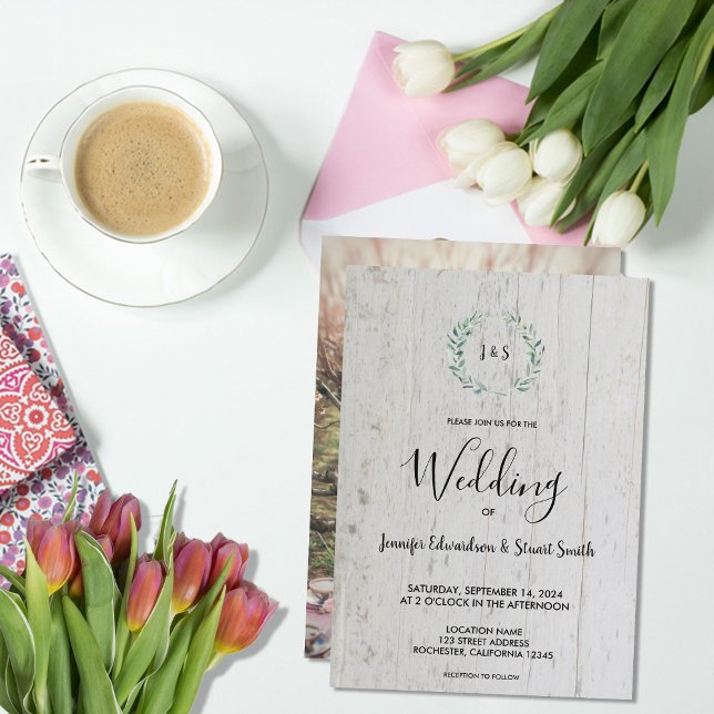 Rustikale Aquarellfarben Blätter Monogramm Foto Ho Einladung (Rustic watercolor leaves on barn wood monogrammed photo Wedding Invitation.)