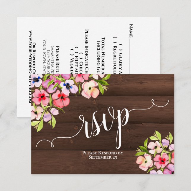 Rustikale Aquarellfarben-Stiefmütterchen auf Holzh RSVP Karte (Vorne/Hinten)