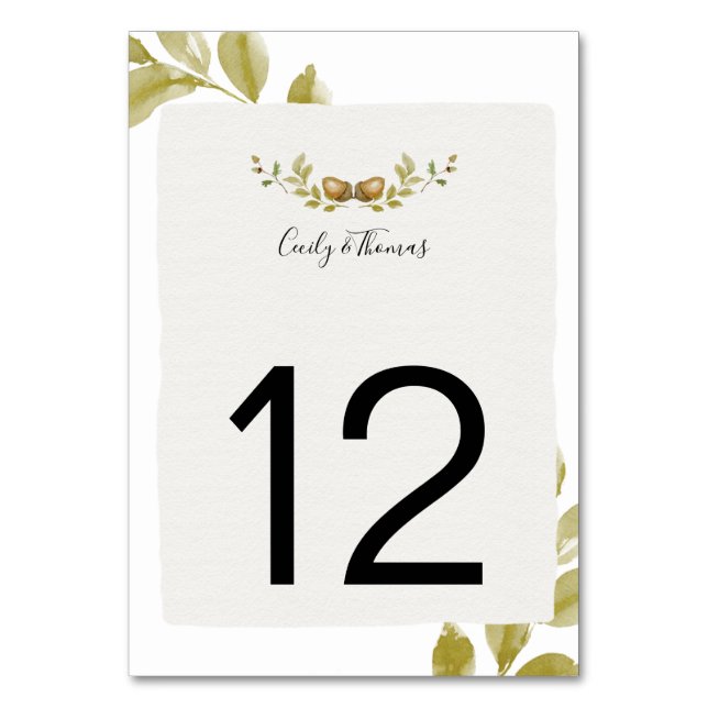 Rustikale Aquarellfarben und Blätter aus Eiche | Tischnummer (Vorderseite)