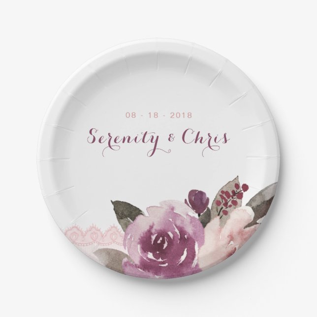 Rustikale Aquarellfarben Vintage Hochzeitsfeier Pappteller (Vorderseite)