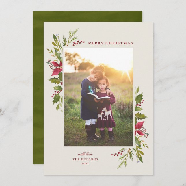 Rustikale Aquarellgrün Feiertagskarte (Vorne/Hinten)
