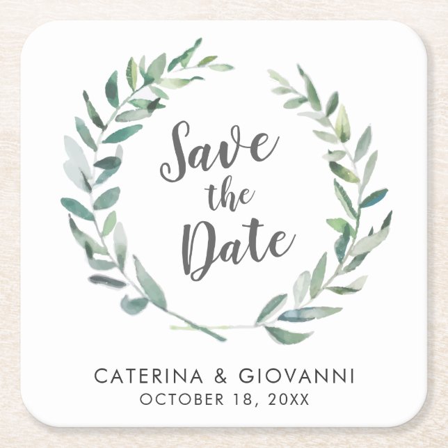 Rustikale Aquarellgrüne Nicht-Foto Save the Date Rechteckiger Pappuntersetzer (Vorderseite)