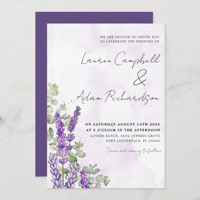 Rustikale Aquarelllavender & Eucalyputus Wedding Einladung (Vorne/Hinten)