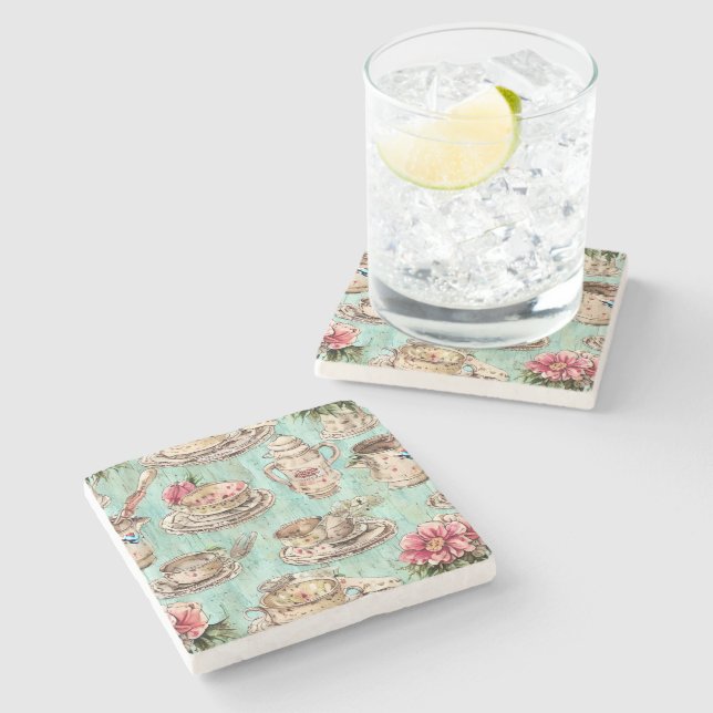 Rustikale Aquarellmalerei Vintage Küche Blau Steinuntersetzer (Seitenansicht)