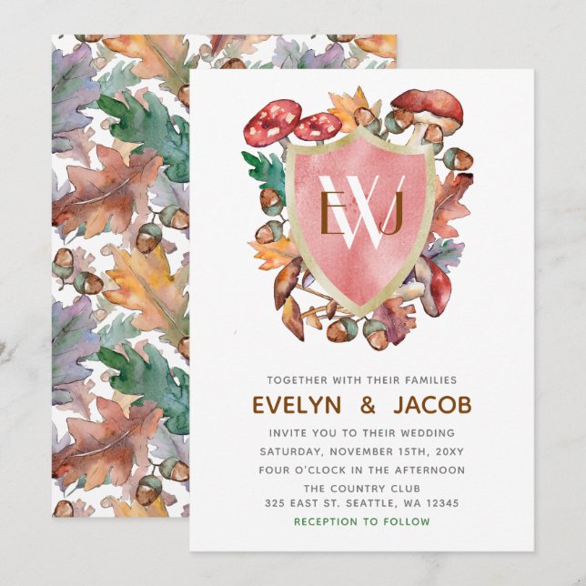 Rustikale Aquarellmushrooms Hochzeit im Herbst Einladung (Vorne/Hinten)