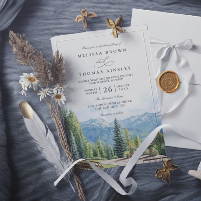 Rustikale Aspen Colorado QR-Code Hochzeit im Gebir Einladung (Von Creator hochgeladen)
