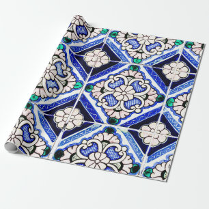 Rustikale Azulejo-Spanische Musterfliesen Navy Wei Geschenkpapier