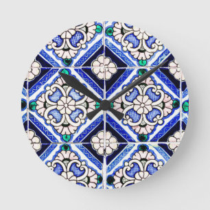 Rustikale Azulejo-Spanische Musterfliesen Navy Wei Runde Wanduhr