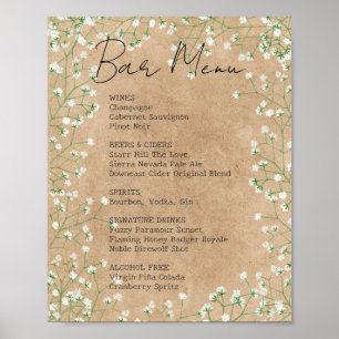 Rustikale Baby-Atem-Blumen-Hochzeitsbar-Menü-Schil Poster