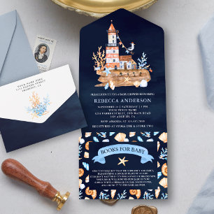Rustikale baby party in navyblau mit Leuchtturm-Mo All In One Einladung