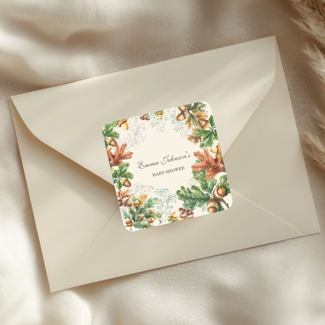 Rustikale Baby Shower im Herbstwald Quadratischer Aufkleber (Von Creator hochgeladen)