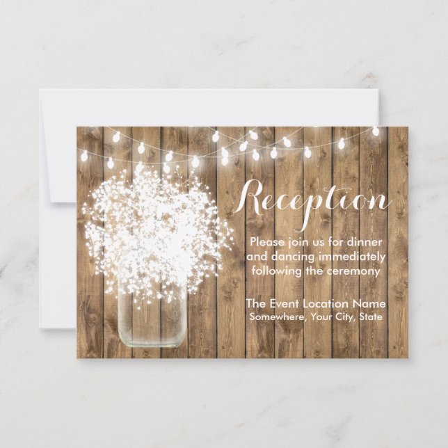 Rustikale Baby's Breath & Lichterkette Empfang Einladung (Vorderseite)