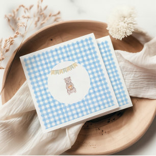 Rustikale Bär Blau Wasserfarbe Gingham-Baby-Party Serviette