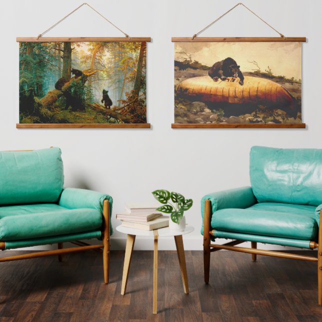 Rustikale Bären in der Wildnis bis zu nichts Gutes Wandteppich Mit Holzrahmen (Wohnzimmer)