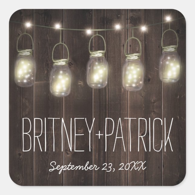 Rustikale Barholz Mason Jar Gastgeschenke Hochzeit Quadratischer Aufkleber (Vorderseite)