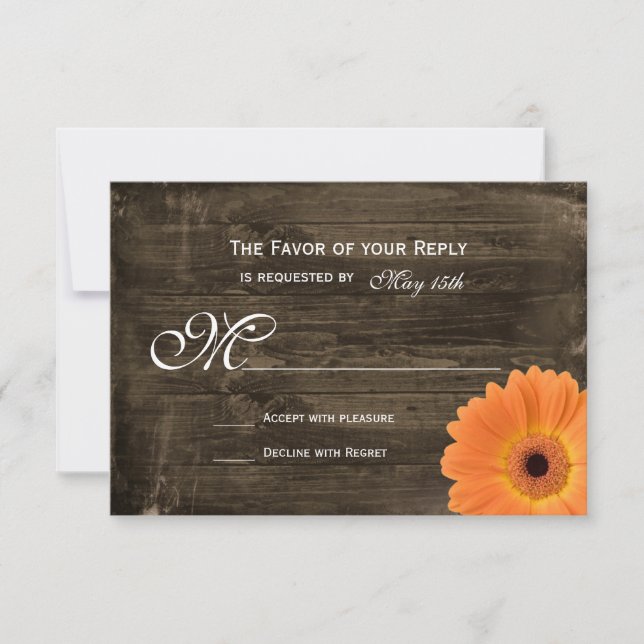 Rustikale Barholz-Orange Daisy Wedding RSVP-Karten RSVP Karte (Vorderseite)